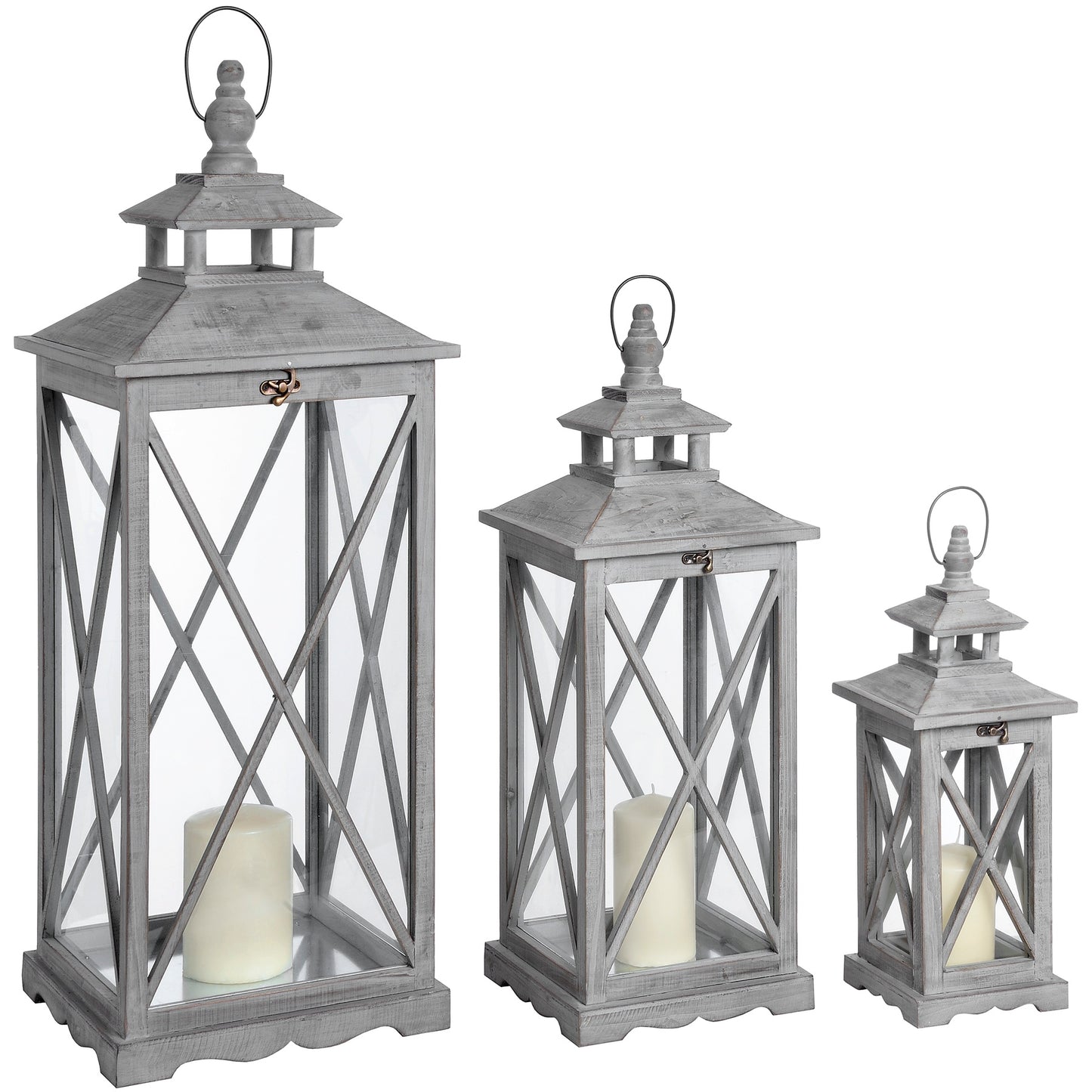 Set Of Three Wooden Christmas Lanterns With Traditional Cross Section Design