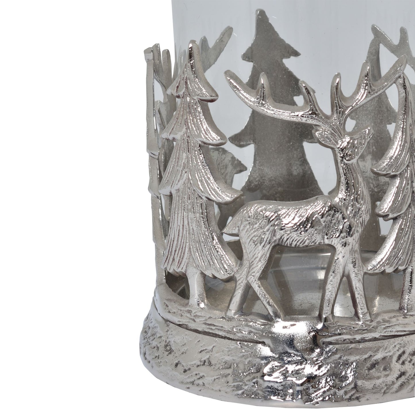 Silver Woodland Stag Scene Hurricane Lantern