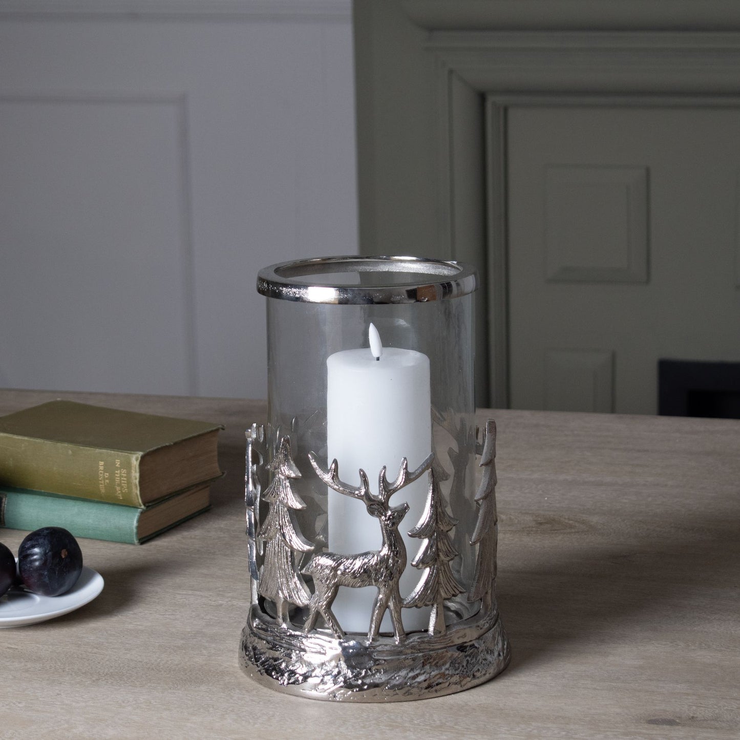 Silver Woodland Stag Scene Hurricane Lantern