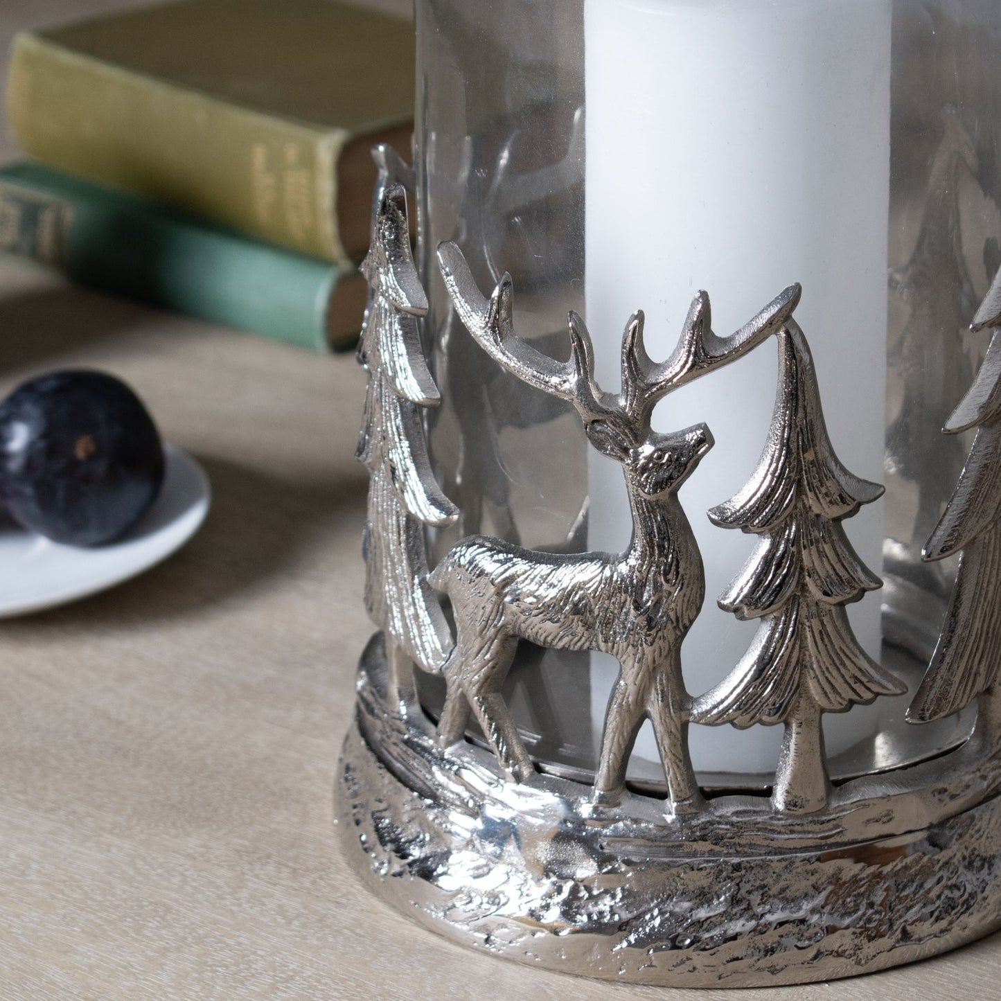 Silver Woodland Stag Scene Hurricane Lantern