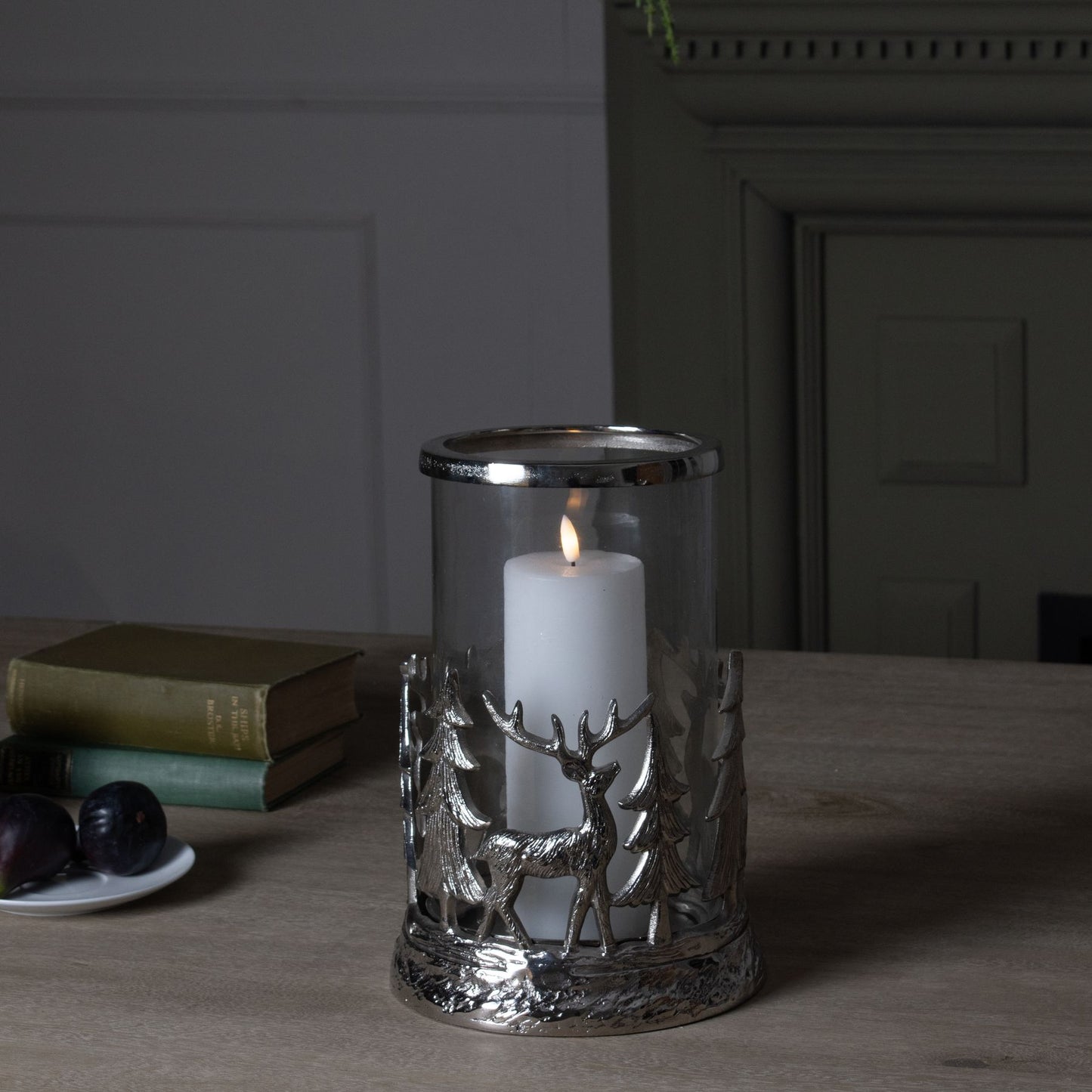 Silver Woodland Stag Scene Hurricane Lantern