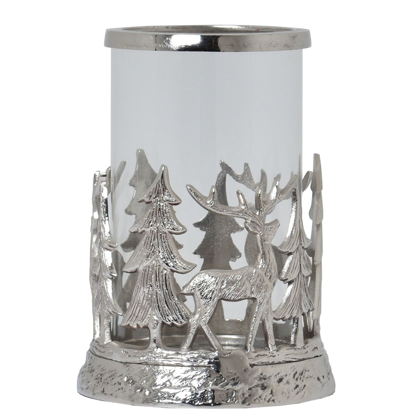 Silver Woodland Stag Scene Hurricane Lantern