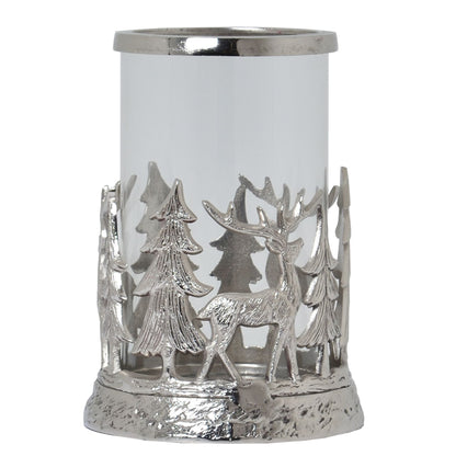 Silver Woodland Stag Scene Hurricane Lantern