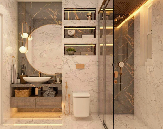 Frameless glass shower enclosure in a luxury Dubai bathroom