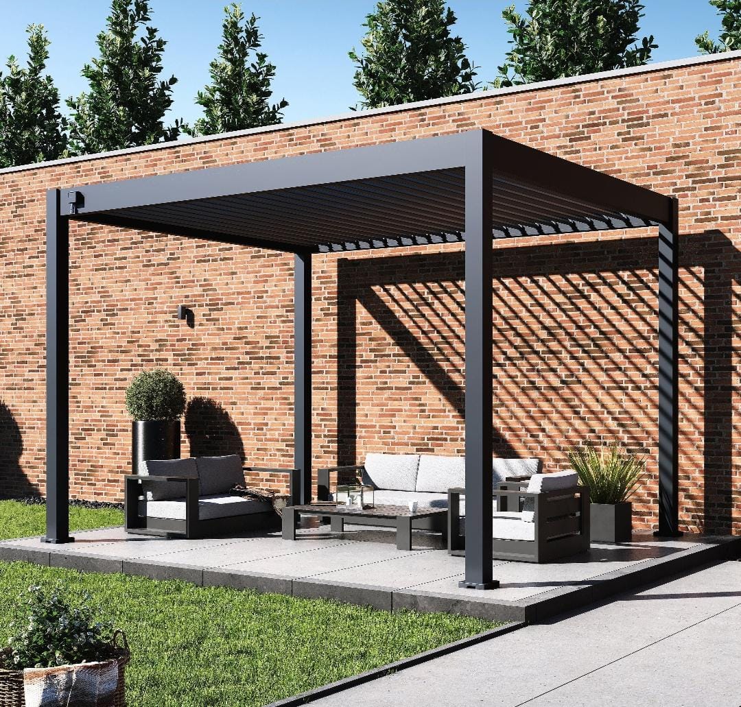 Modern aluminium pergola in a Dubai villa backyard